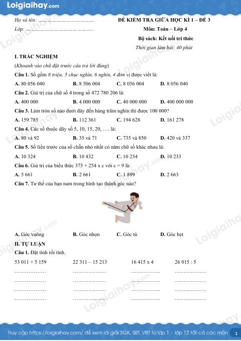 Đề kiểm tra giữa học kì 1 Toán 4 Kết nối tri thức - Đề số 3